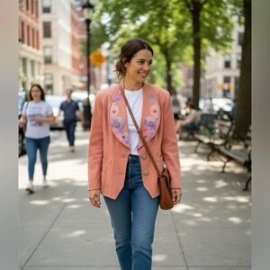 Lace vintage Women's Coral Blazer with Embellished Lapel. Ptp 19”lenght 24”